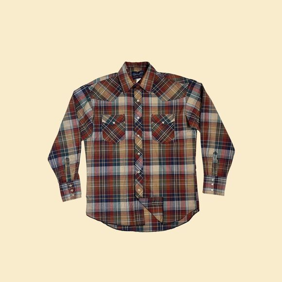 90s Wrangler western shirt, vintage 15.5-34 burgundy plaid pearl snap top - Picture 1 of 6